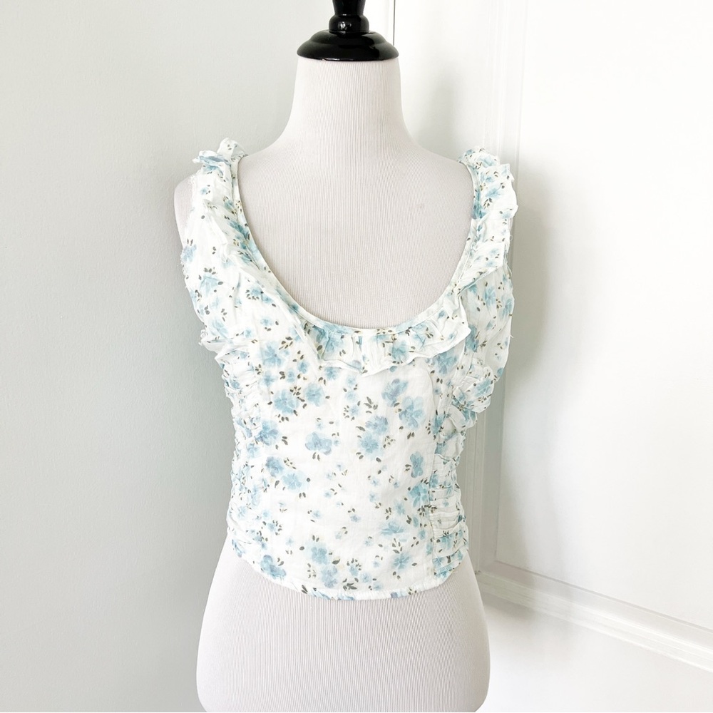 Free People White & Light Blue Floral Ruffle Camisole - Small